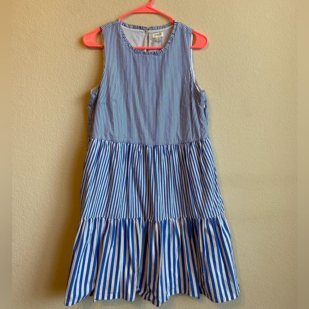 J. Crew Blue and White Striped Tiered Dress